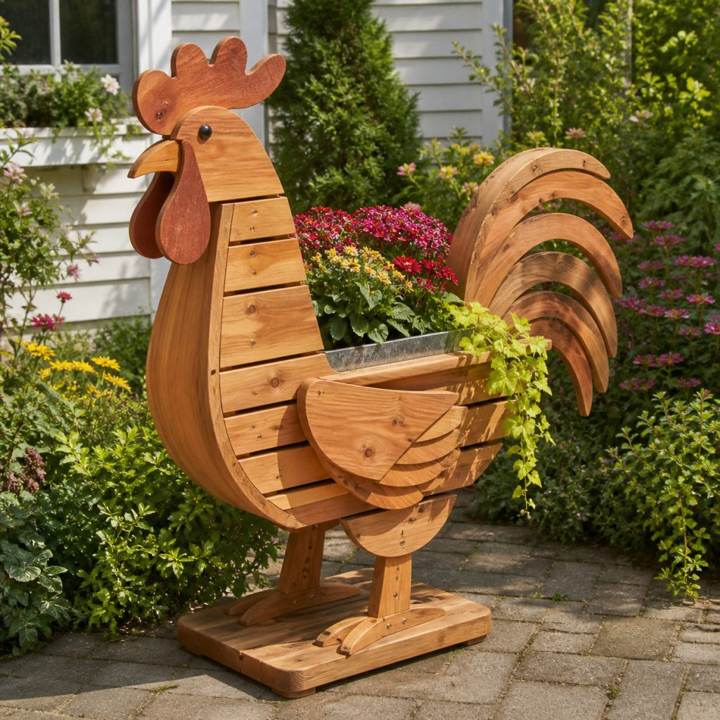 Slatted-Body Flower Rooster shown as a square photorealistic cedar garden planter filled with cottage flowers