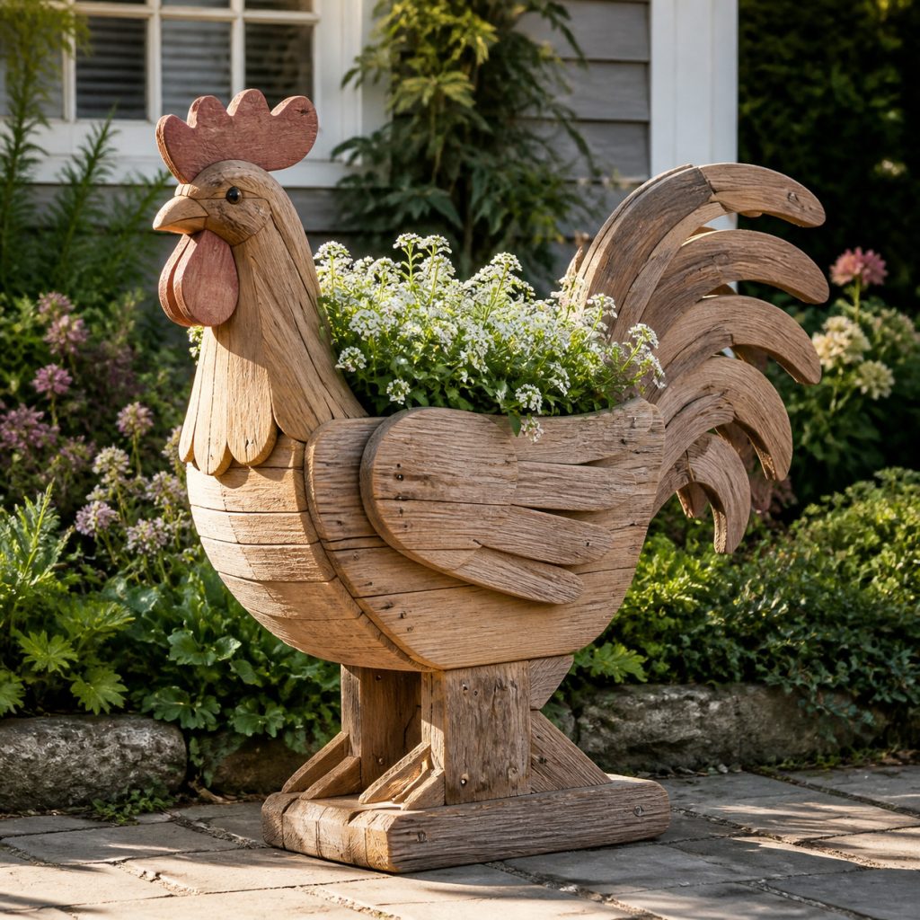 Weathered Cottage Rooster shown as a square photorealistic cedar garden planter filled with cottage flowers