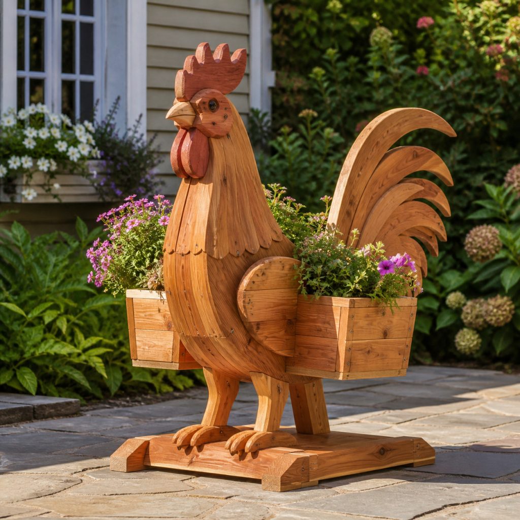 Rooster with Twin Flower Pots shown as a square photorealistic cedar garden planter filled with cottage flowers
