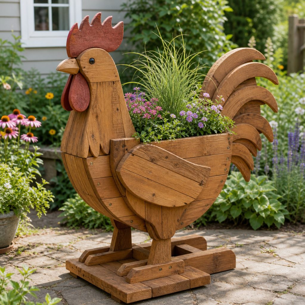 Broad-Perch Garden Rooster shown as a square photorealistic cedar garden planter filled with cottage flowers
