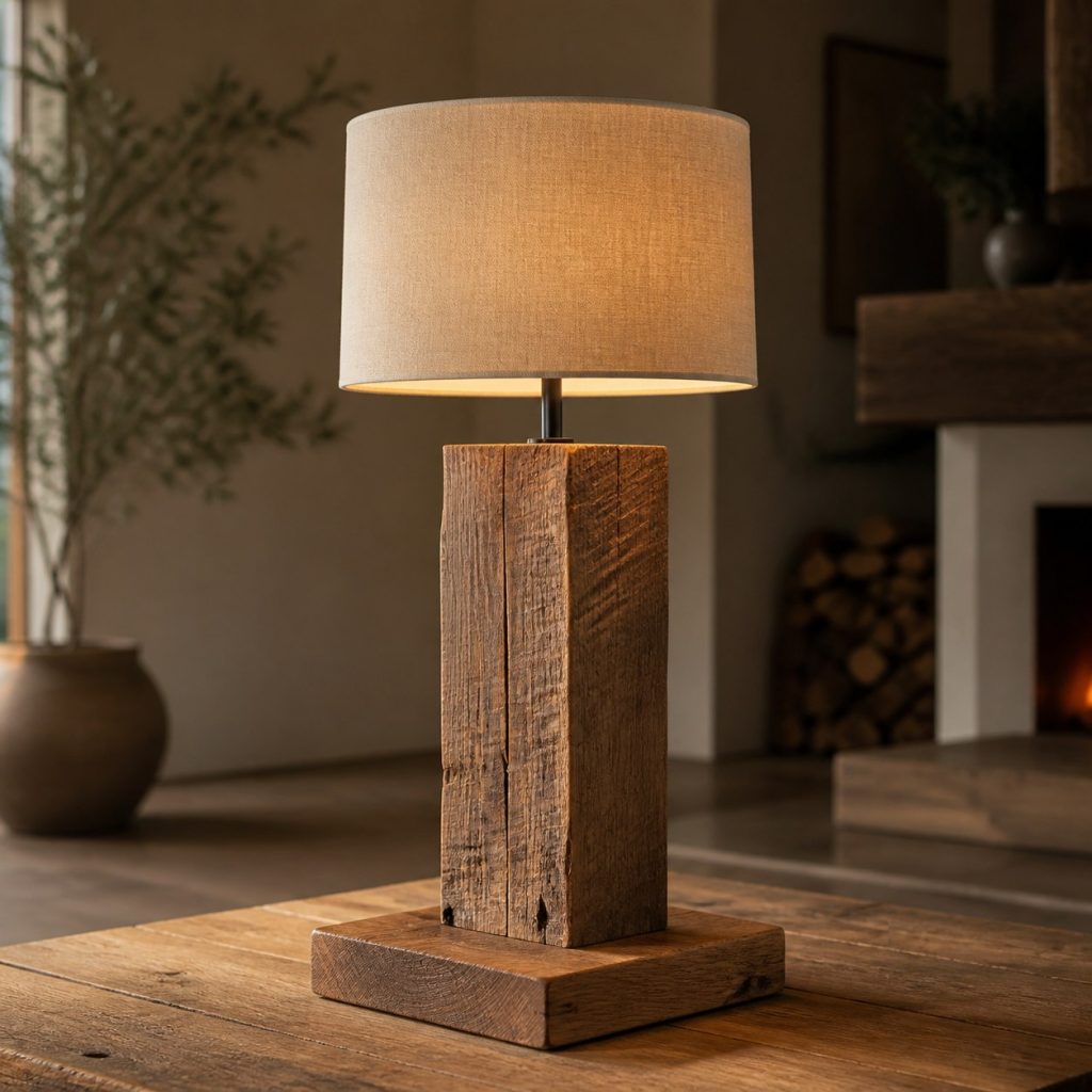 Rough-Sawn Oak Post Lamp shown as an original square photorealistic rough-sawn timber lamp dominated by authentic wood texture and warm diffused light