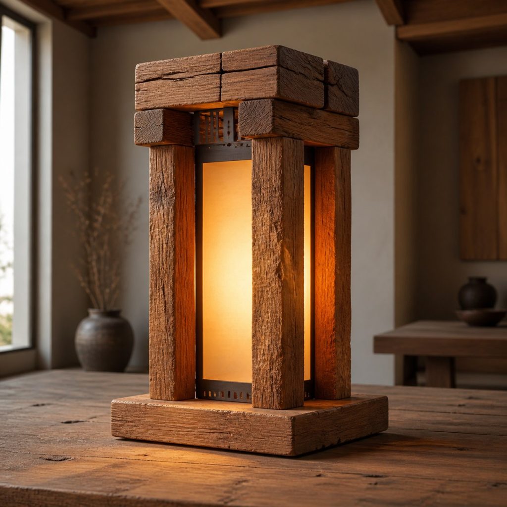 Rough-Sawn Cedar Beam Lantern shown as an original square photorealistic rough-sawn timber lamp dominated by authentic wood texture and warm diffused light