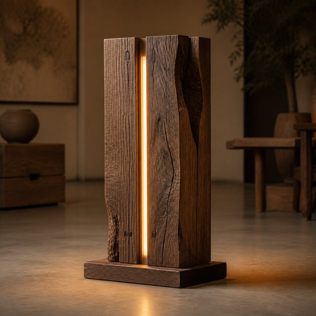 Rough-Sawn Walnut Split Lamp shown as an original square photorealistic rough-sawn timber lamp dominated by authentic wood texture and warm diffused light