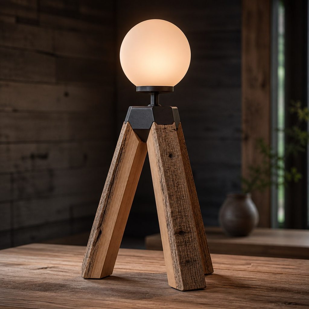 Rough-Sawn Pine Tripod Lamp shown as an original square photorealistic rough-sawn timber lamp dominated by authentic wood texture and warm diffused light