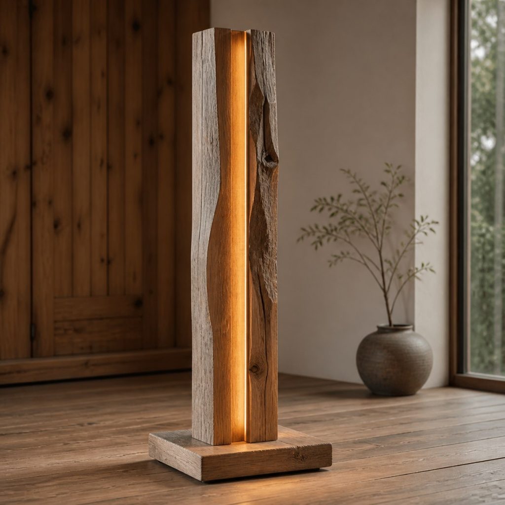 Rough-Sawn Ash Slab Floor Lamp shown as an original square photorealistic rough-sawn timber lamp dominated by authentic wood texture and warm diffused light