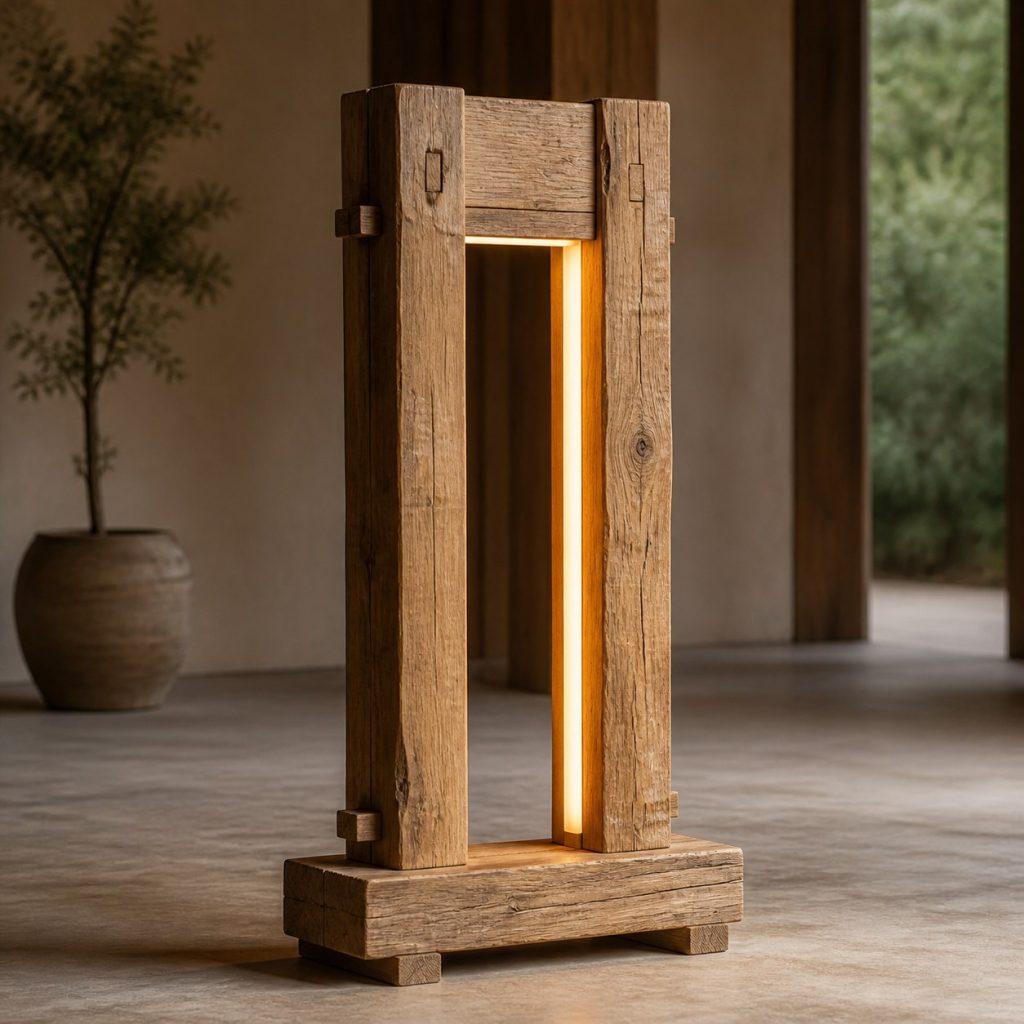 Rough-Sawn Chestnut Portal Lamp shown as an original square photorealistic rough-sawn timber lamp dominated by authentic wood texture and warm diffused light
