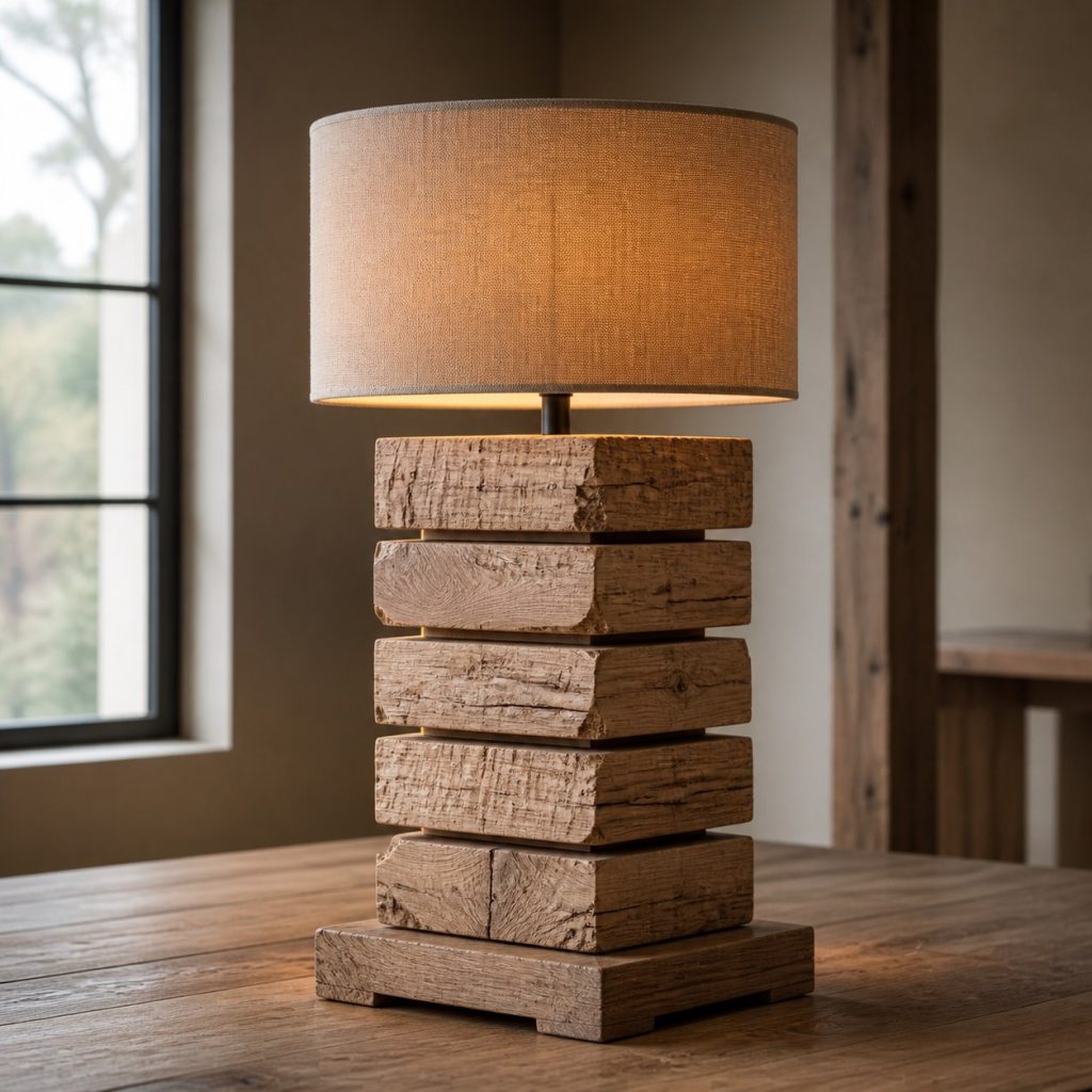 Rough-Sawn Maple Stack Lamp shown as an original square photorealistic rough-sawn timber lamp dominated by authentic wood texture and warm diffused light