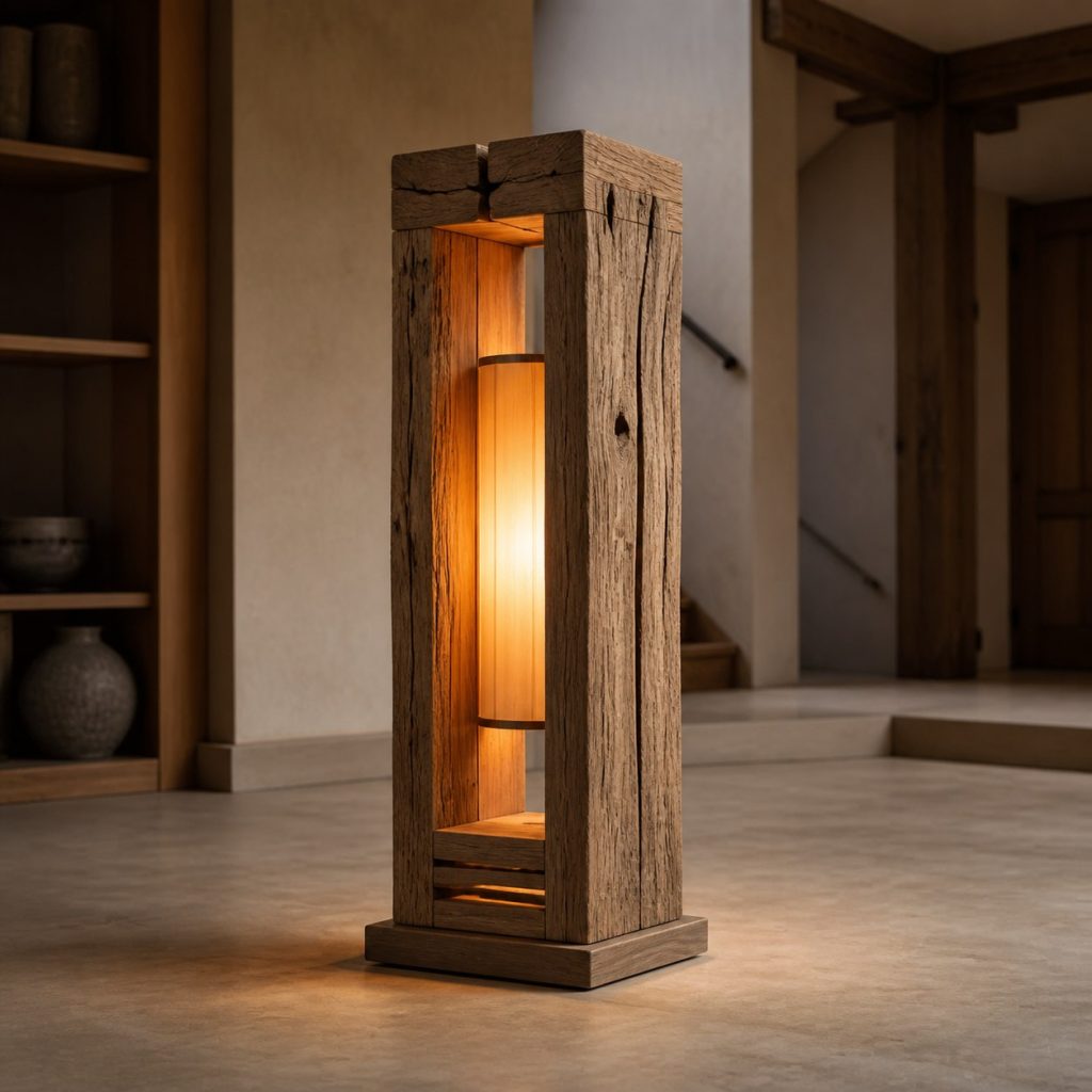 Rough-Sawn Elm Frame Lantern shown as an original square photorealistic rough-sawn timber lamp dominated by authentic wood texture and warm diffused light