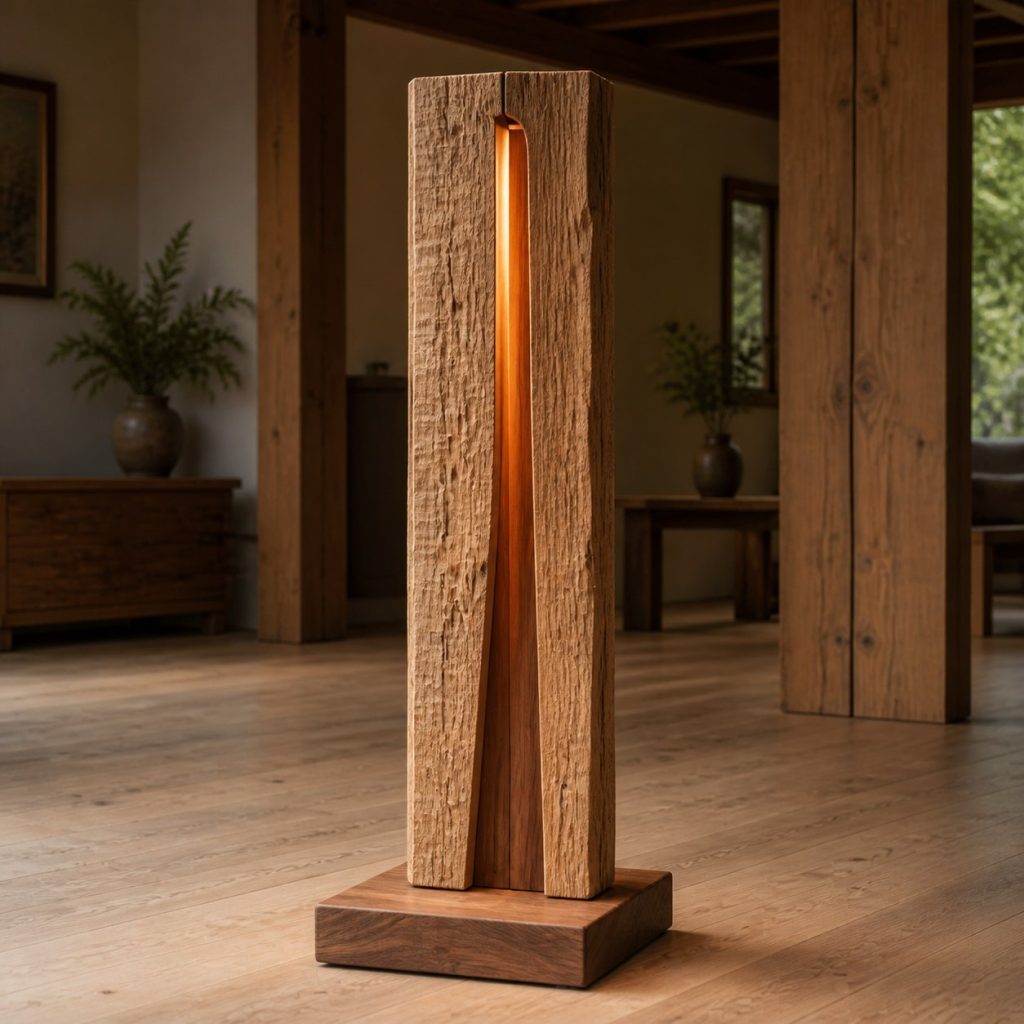 Rough-Oak and Smooth-Walnut Lamp shown as an original square photorealistic rough-sawn timber lamp dominated by authentic wood texture and warm diffused light