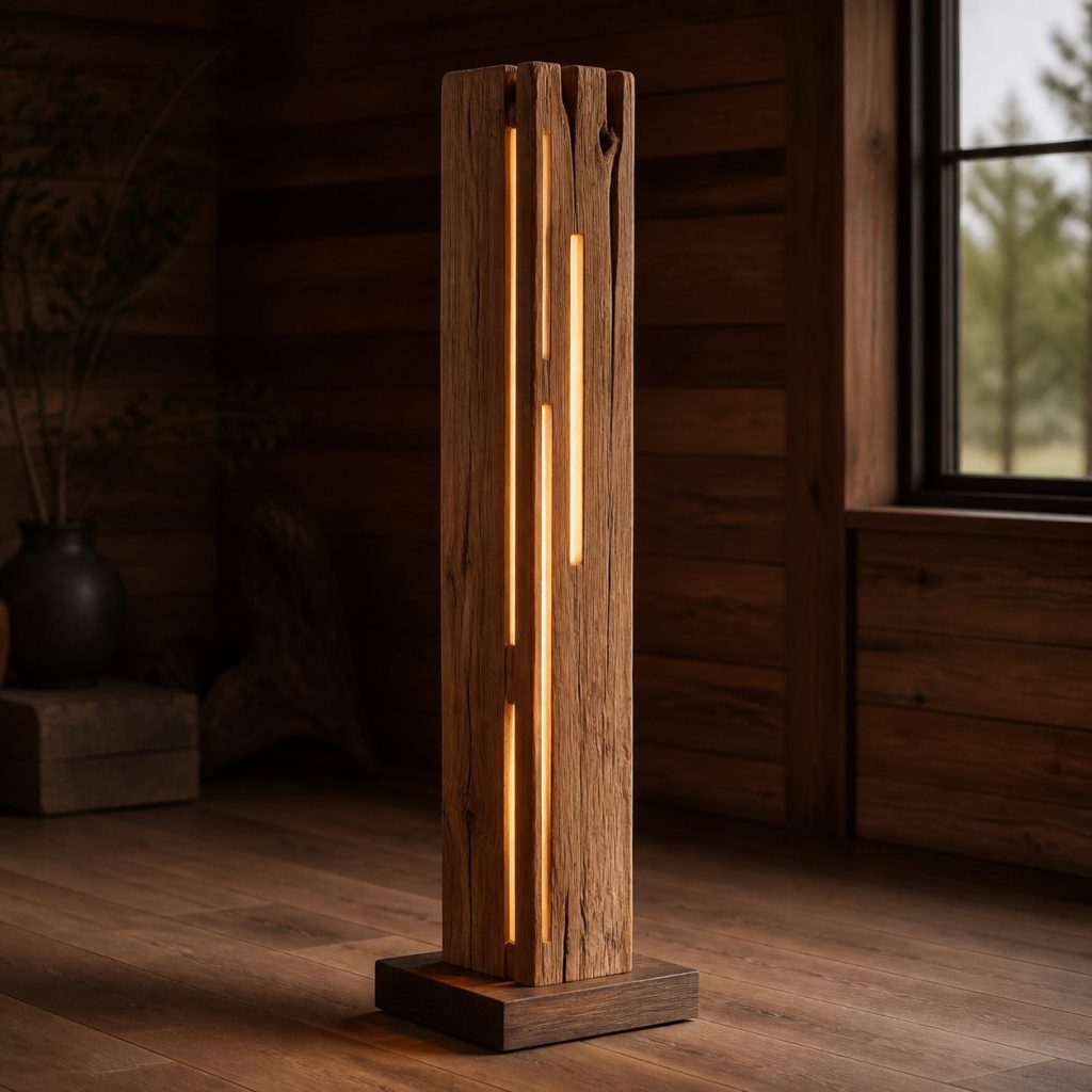 Rough-Sawn Cedar Floor Column shown as an original square photorealistic rough-sawn timber lamp dominated by authentic wood texture and warm diffused light