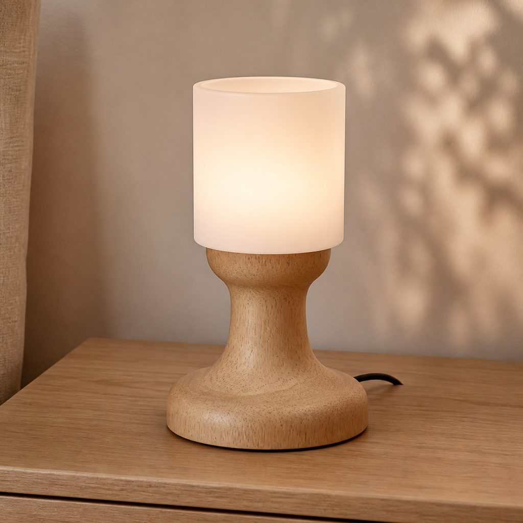 Rubberwood Turned Bedside Lamp shown as an original square photorealistic rubberwood lamp with authentic grain, warm diffused light, and a short dark power cord