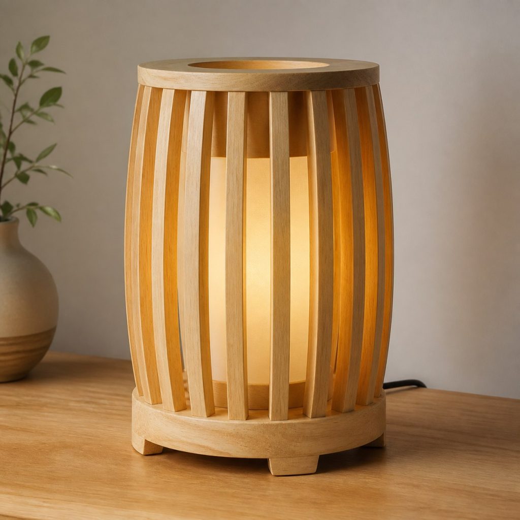 Rubberwood Slatted Lantern Lamp shown as an original square photorealistic rubberwood lamp with authentic grain, warm diffused light, and a short dark power cord