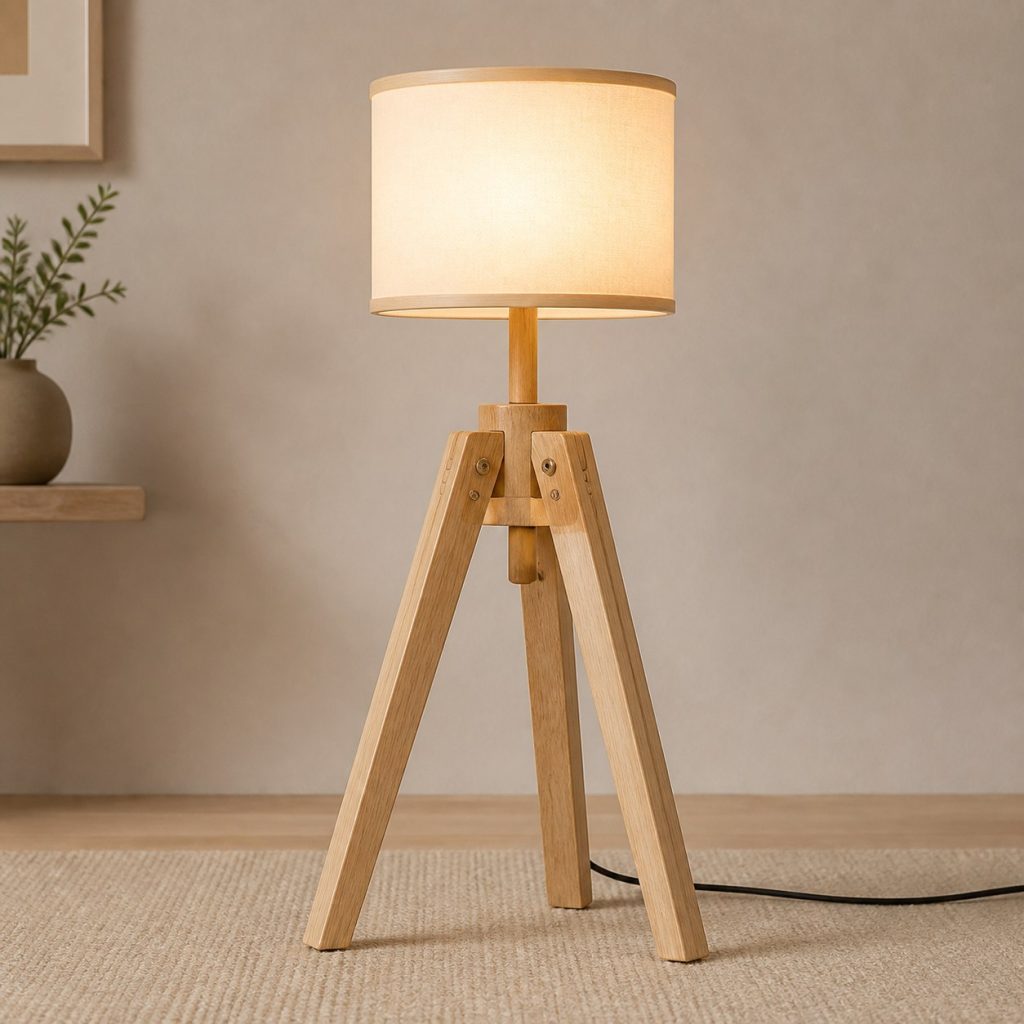 Rubberwood Tripod Reading Lamp shown as an original square photorealistic rubberwood lamp with authentic grain, warm diffused light, and a short dark power cord