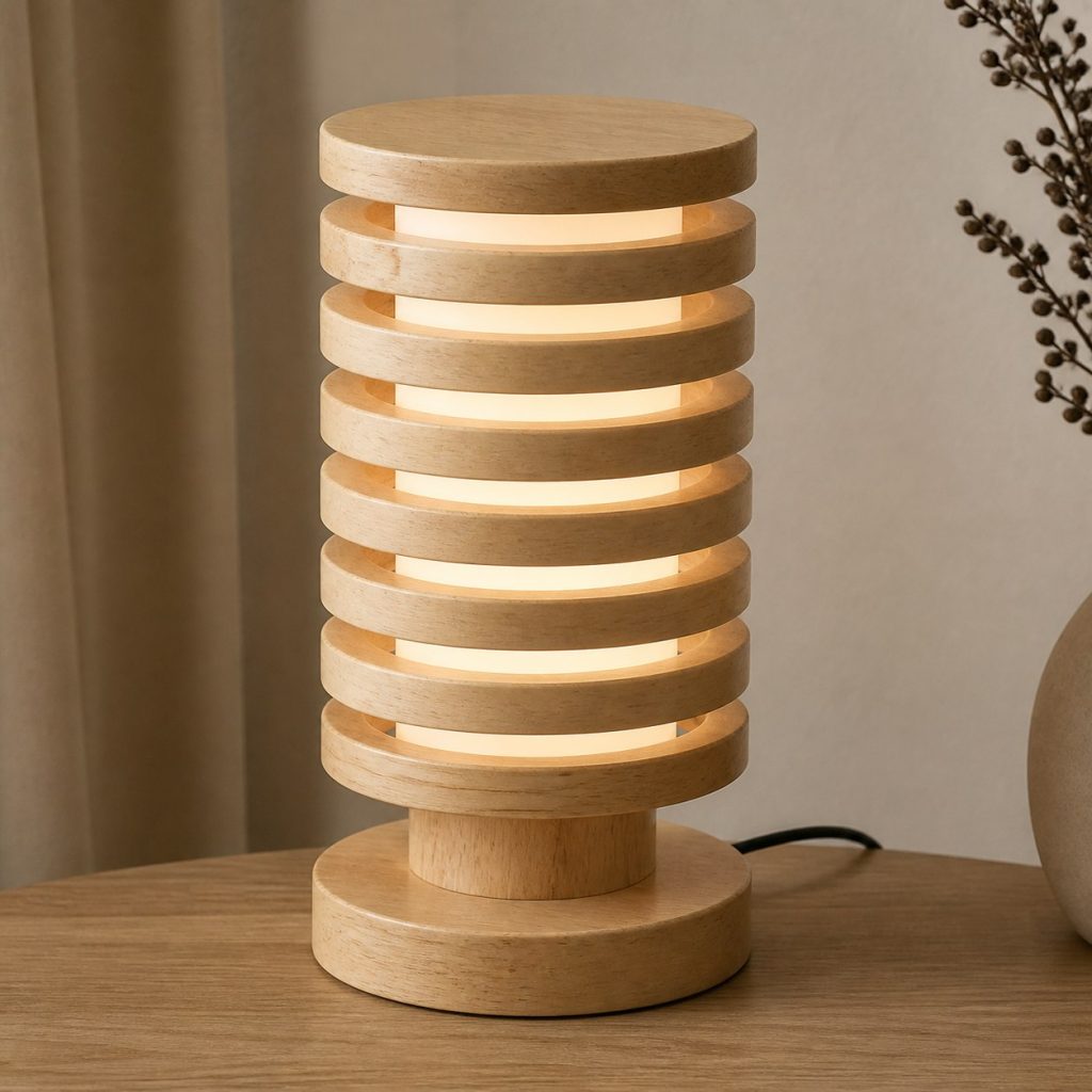 Rubberwood Stacked Ring Lamp shown as an original square photorealistic rubberwood lamp with authentic grain, warm diffused light, and a short dark power cord