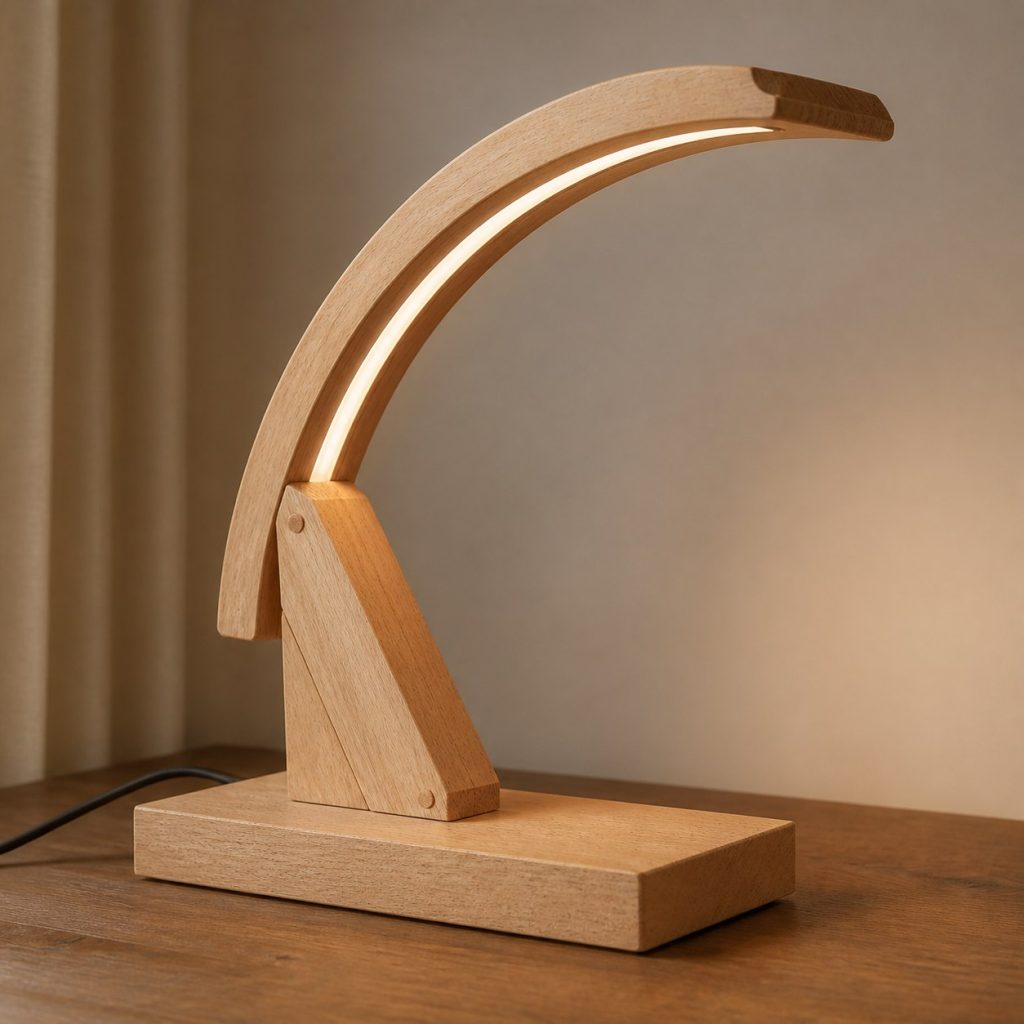 Rubberwood Laminated Arch Lamp shown as an original square photorealistic rubberwood lamp with authentic grain, warm diffused light, and a short dark power cord