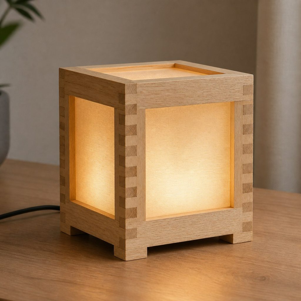 Rubberwood Box-Jointed Cube Lamp shown as an original square photorealistic rubberwood lamp with authentic grain, warm diffused light, and a short dark power cord