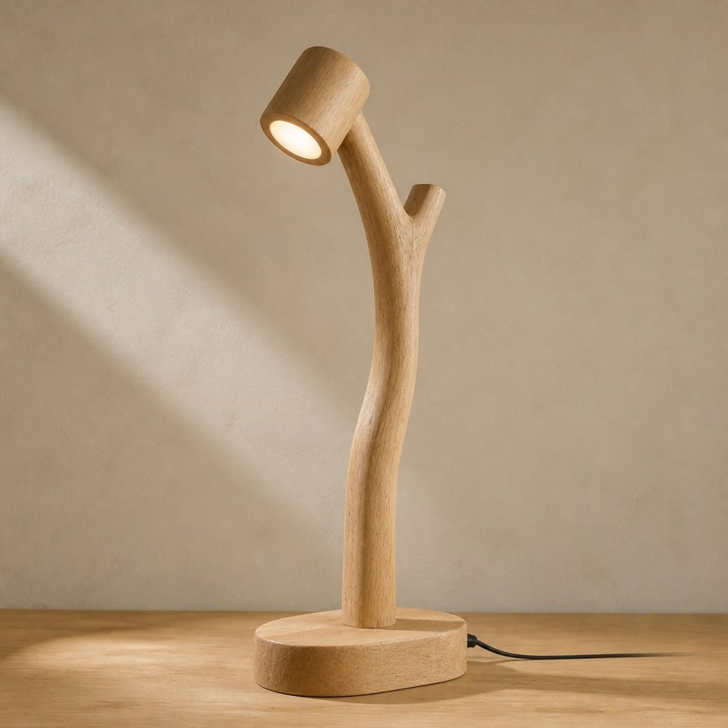 Rubberwood Branch Reading Lamp shown as an original square photorealistic rubberwood lamp with authentic grain, warm diffused light, and a short dark power cord