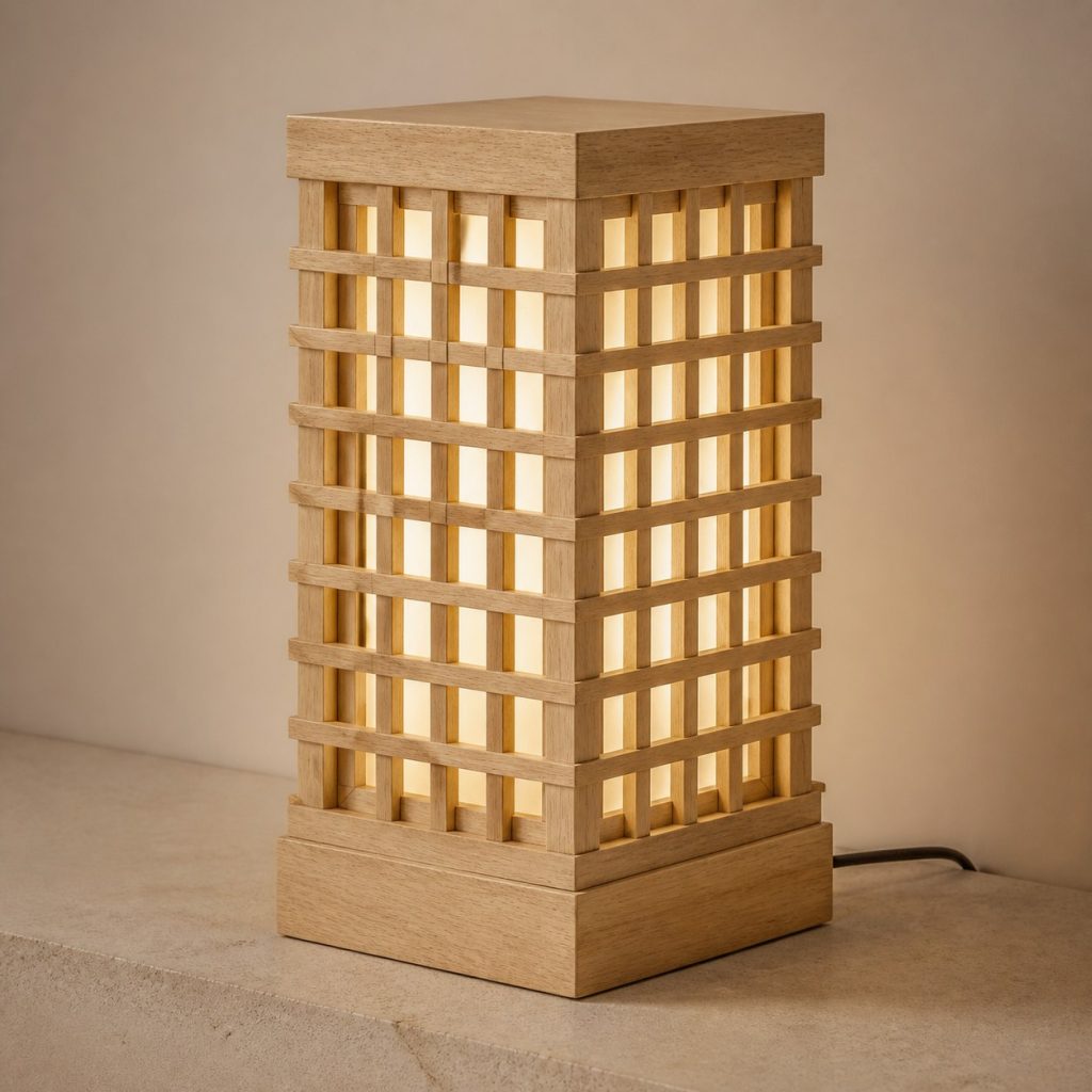 Rubberwood Lattice Lamp shown as an original square photorealistic rubberwood lamp with authentic grain, warm diffused light, and a short dark power cord