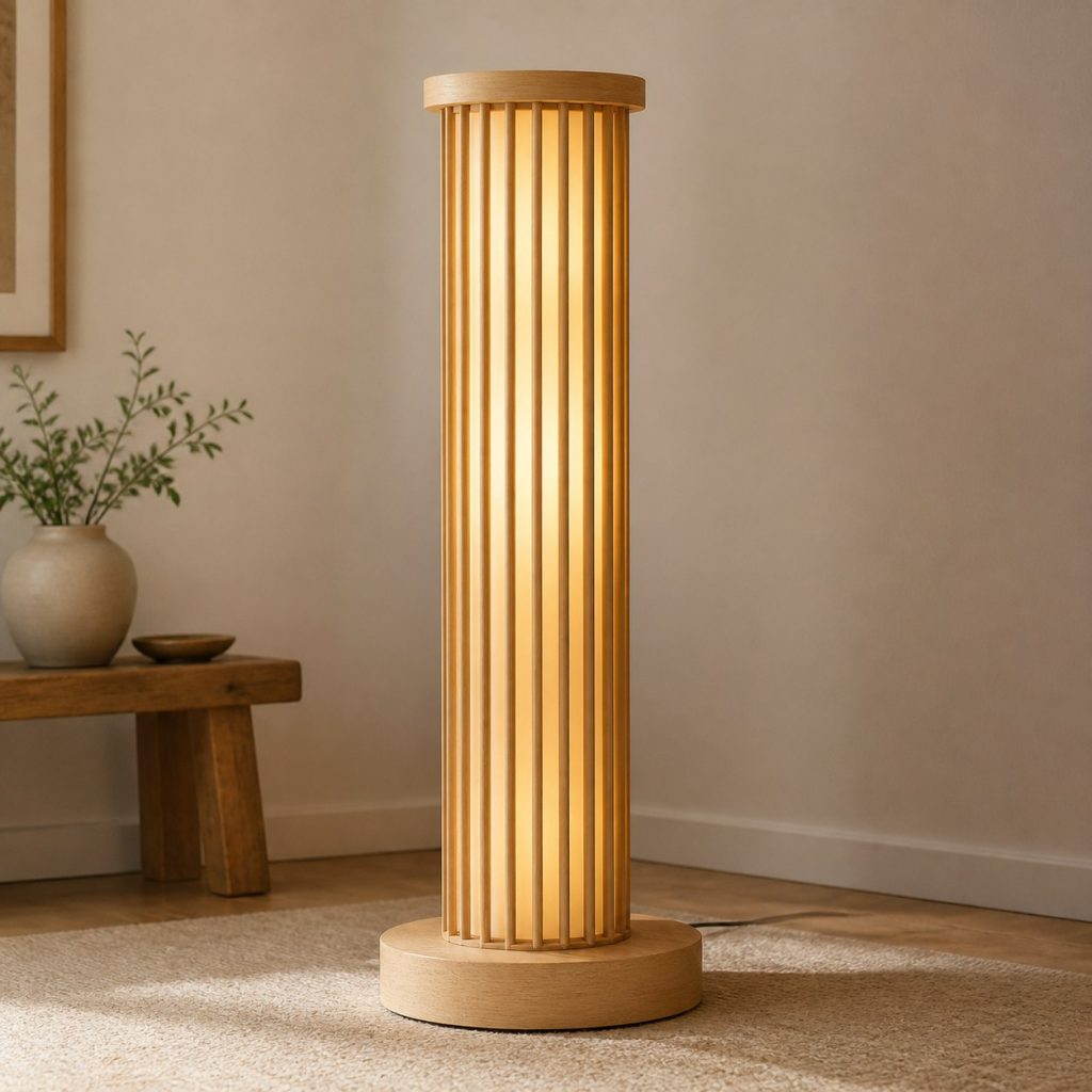 Rubberwood Column Floor Lamp shown as an original square photorealistic rubberwood lamp with authentic grain, warm diffused light, and a short dark power cord