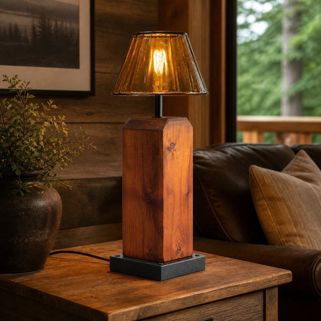 Chamfered Cedar Post Lamp shown as a square photorealistic original rustic wooden table lamp with warm LED light and visible real wood grain