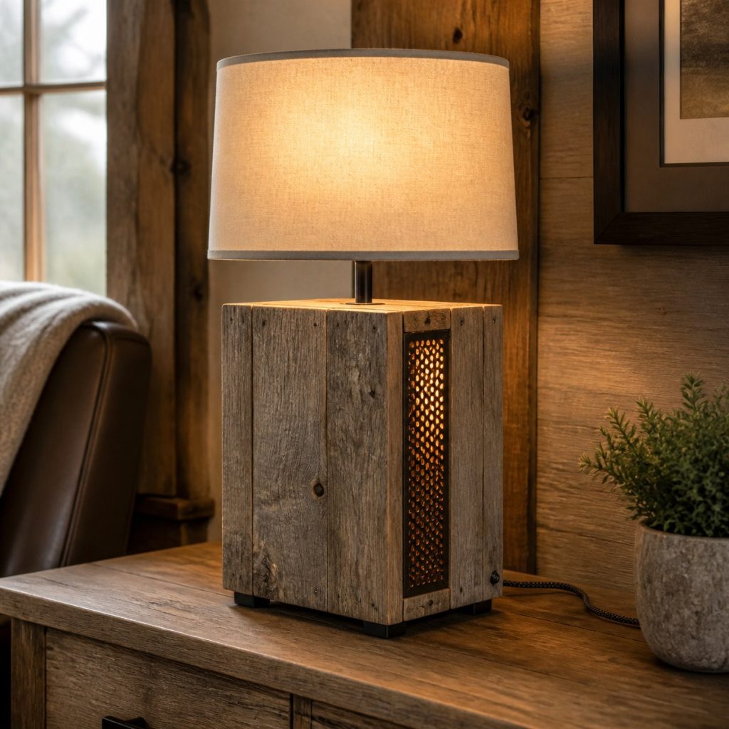 Weathered Barnwood Box Lamp shown as a square photorealistic original rustic wooden table lamp with warm LED light and visible real wood grain