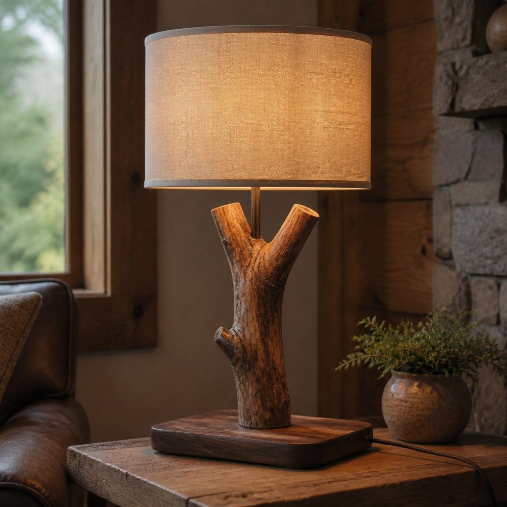 Stabilized Branch-Form Lamp shown as a square photorealistic original rustic wooden table lamp with warm LED light and visible real wood grain