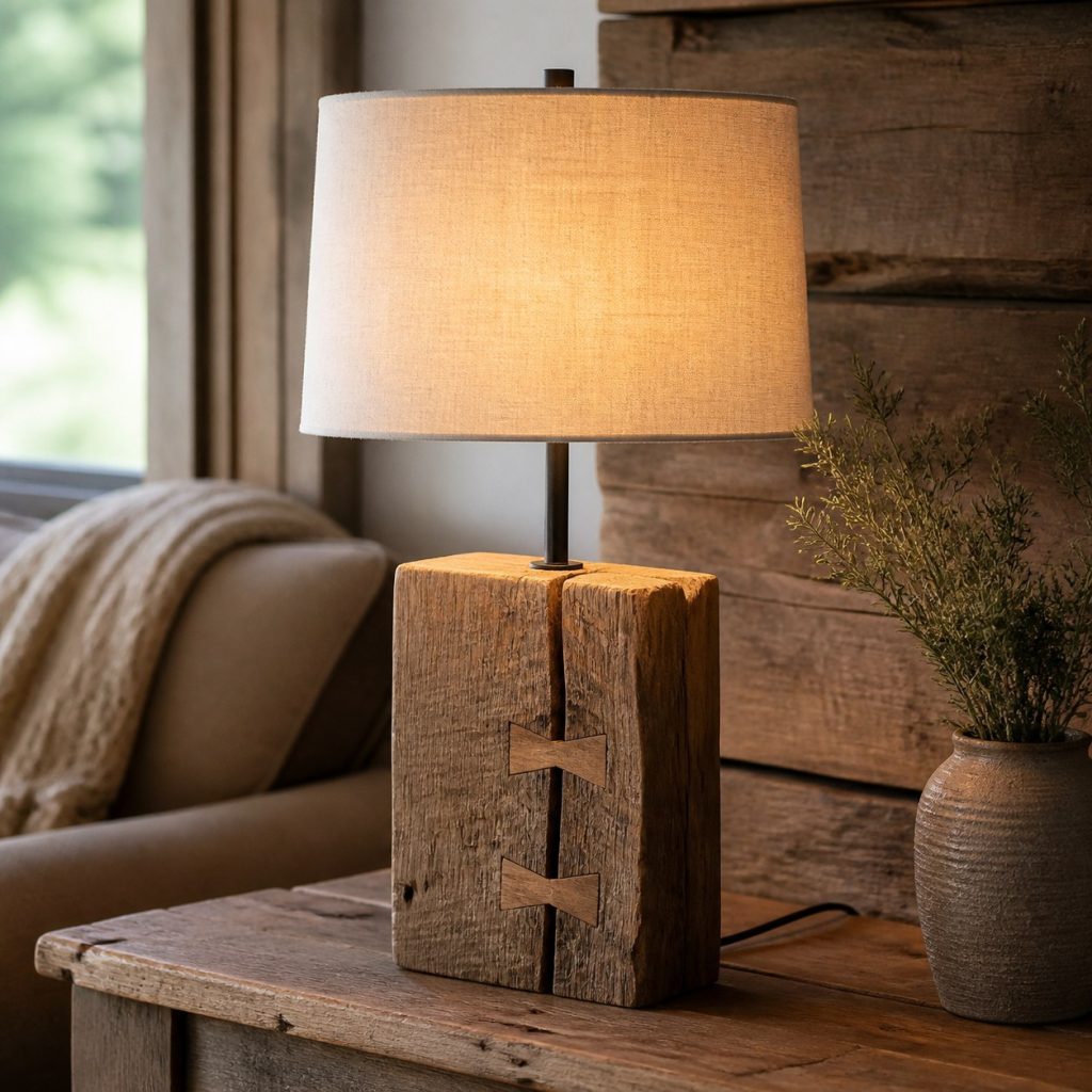 Hand-Hewn Timber Lamp with Butterfly Keys shown as a square photorealistic original rustic wooden table lamp with warm LED light and visible real wood grain