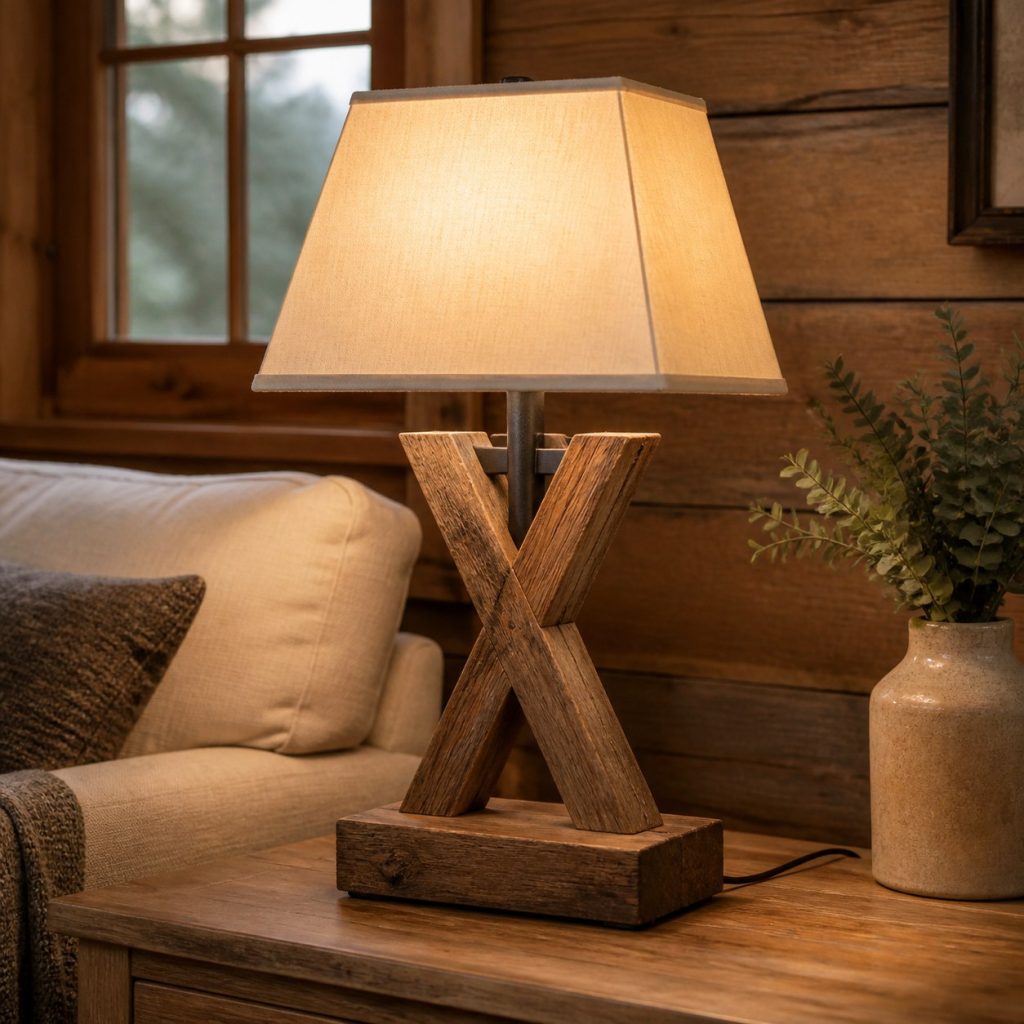 Farmhouse X-Frame Lamp shown as a square photorealistic original rustic wooden table lamp with warm LED light and visible real wood grain