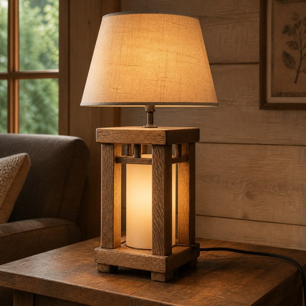 Rustic Oak Lantern Lamp shown as a square photorealistic original rustic wooden table lamp with warm LED light and visible real wood grain