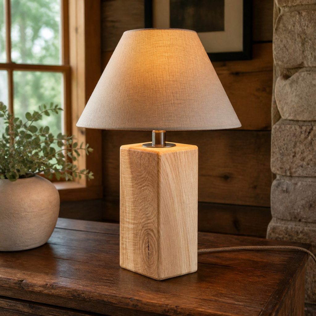 Live-Sawn Ash Block Lamp shown as a square photorealistic original rustic wooden table lamp with warm LED light and visible real wood grain