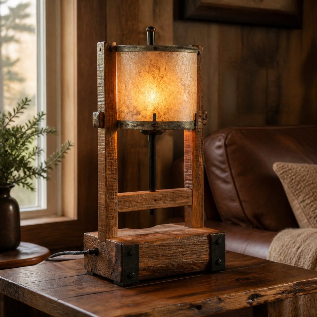 Pegged Chestnut Frame Lamp shown as a square photorealistic original rustic wooden table lamp with warm LED light and visible real wood grain