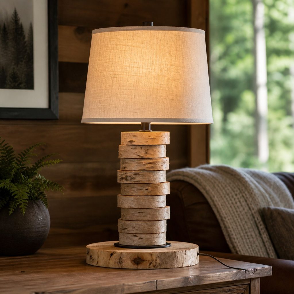 Stacked Log-Slice Lamp shown as a square photorealistic original rustic wooden table lamp with warm LED light and visible real wood grain