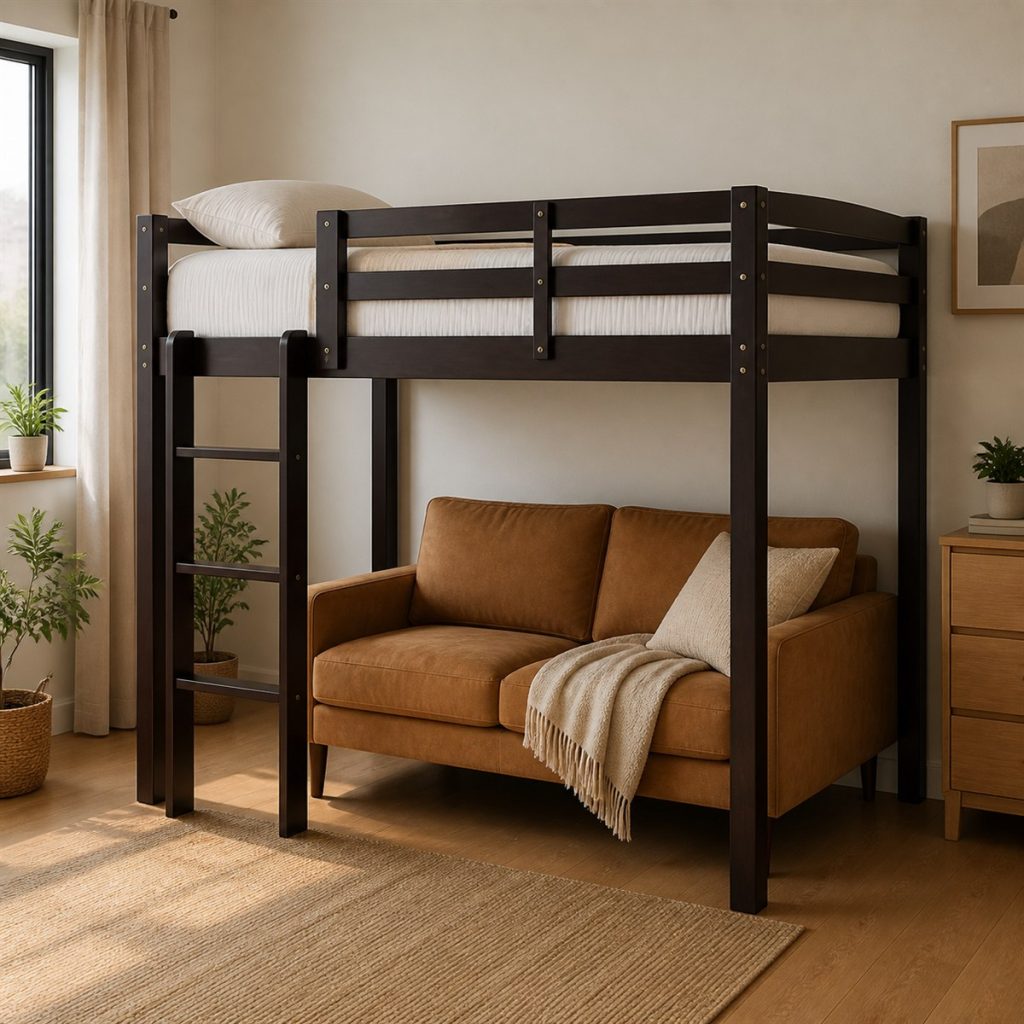 Gray Loft with Separate Side Slide shown as a square photorealistic bunk bed ladder and slide room visualization