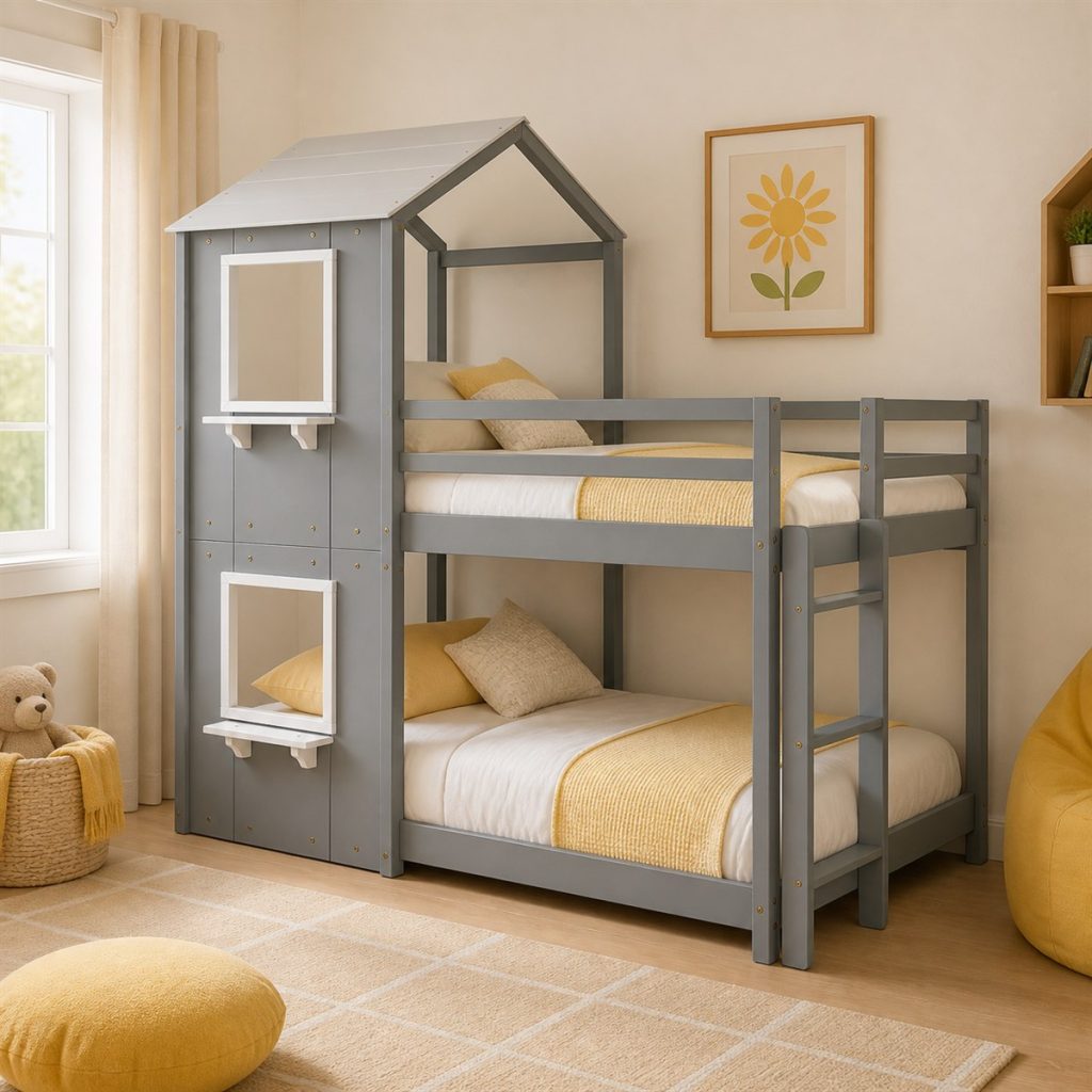 Natural Bunk with Storage Stair Access shown as a square photorealistic bunk bed ladder and slide room visualization