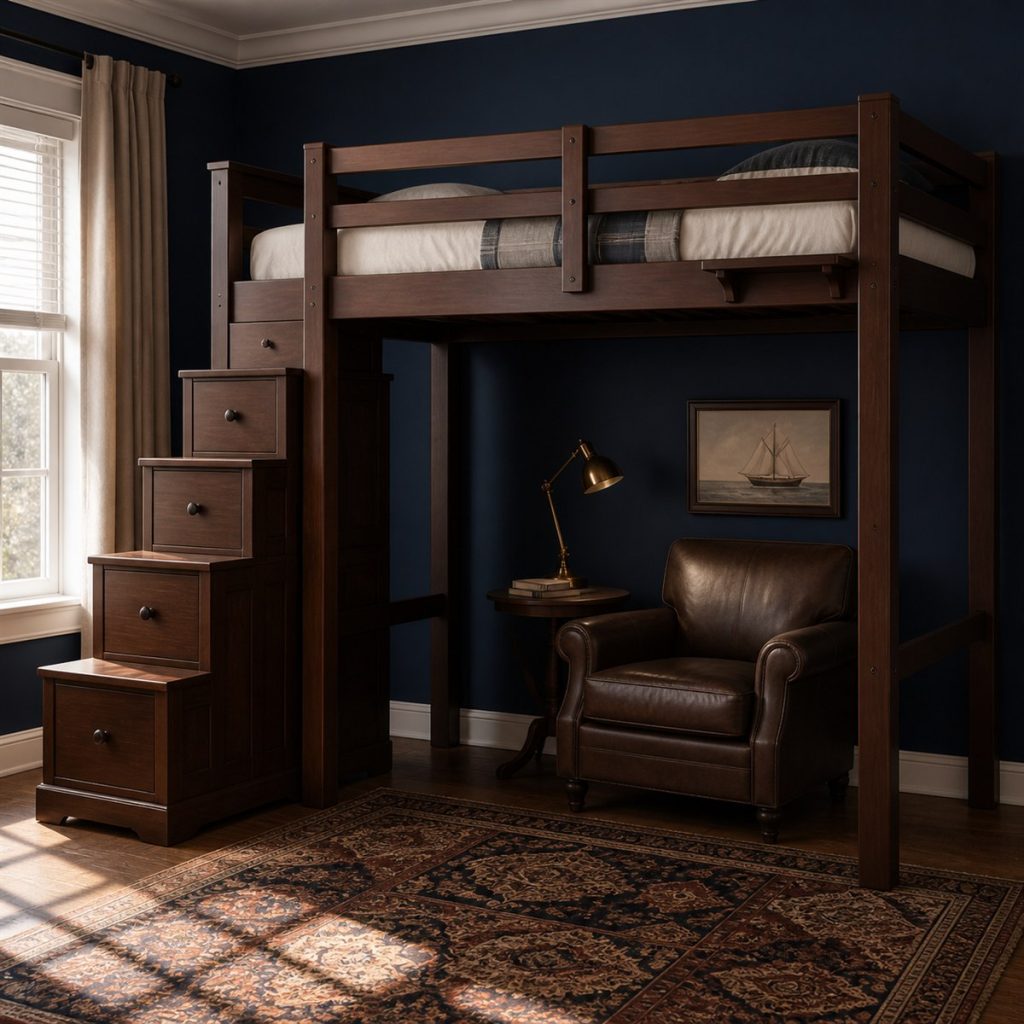 Black Metal Bunk with Vertical Ladder shown as a square photorealistic bunk bed ladder and slide room visualization