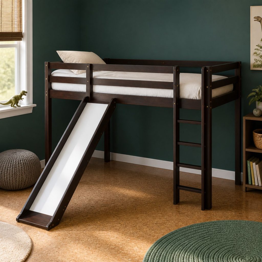House Loft with Ladder and Short Slide shown as a square photorealistic bunk bed ladder and slide room visualization