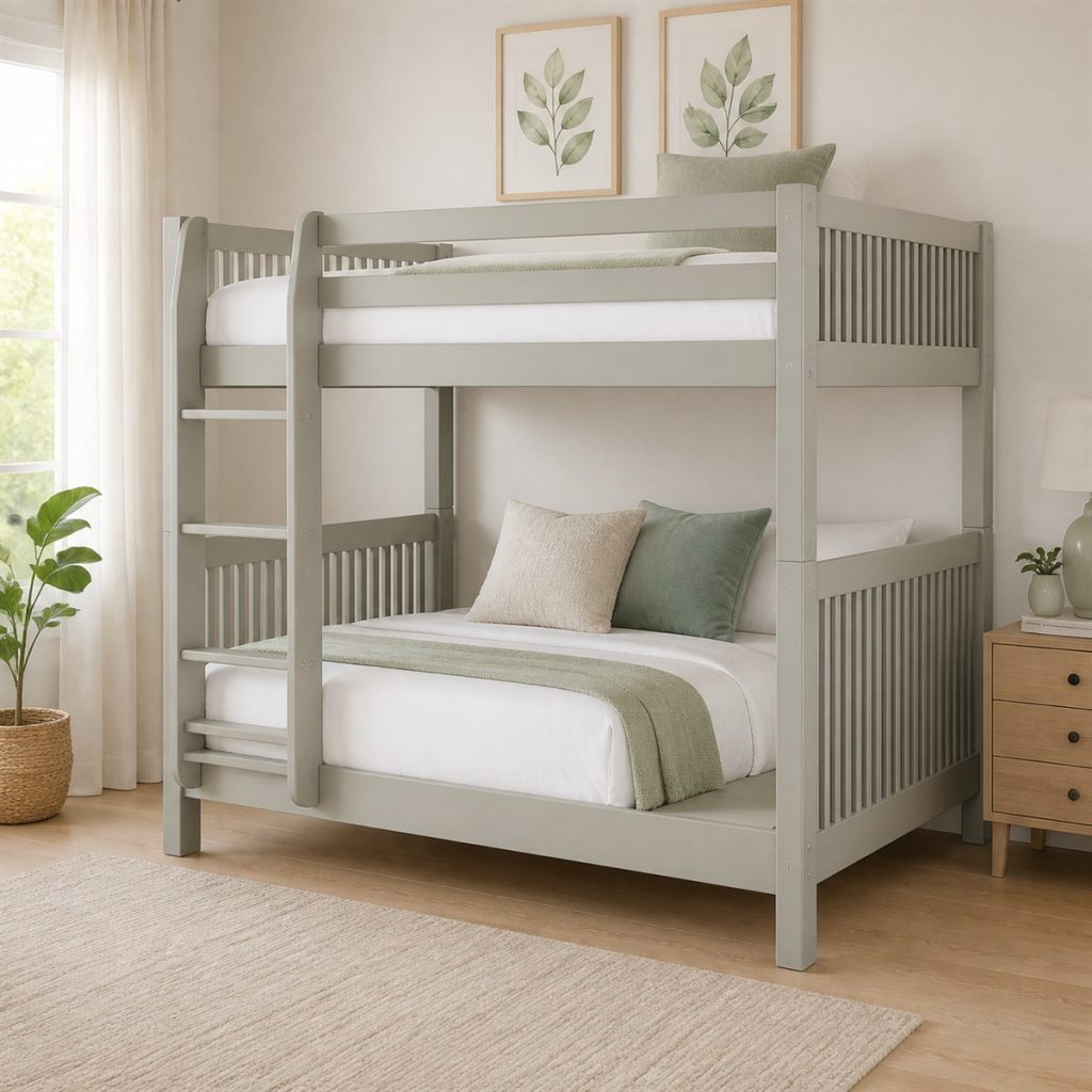 Walnut Bunk with Wide Ladder Landing shown as a square photorealistic bunk bed ladder and slide room visualization