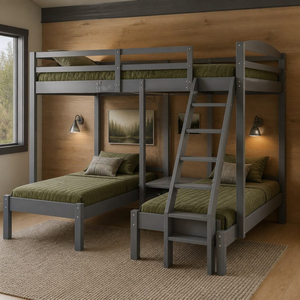 White Loft with Drawer Stairs and Slide shown as a square photorealistic bunk bed ladder and slide room visualization