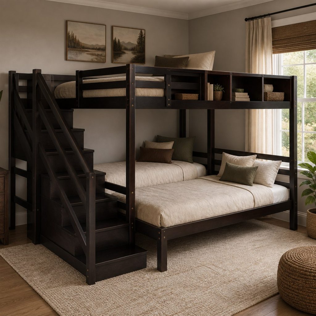 Modern Loft with Clear Slide Landing shown as a square photorealistic bunk bed ladder and slide room visualization
