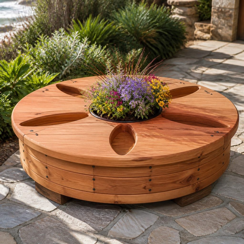Classic Five-Petal Sand Dollar shown as a square photorealistic cedar sand dollar-shaped garden planter filled with flowers