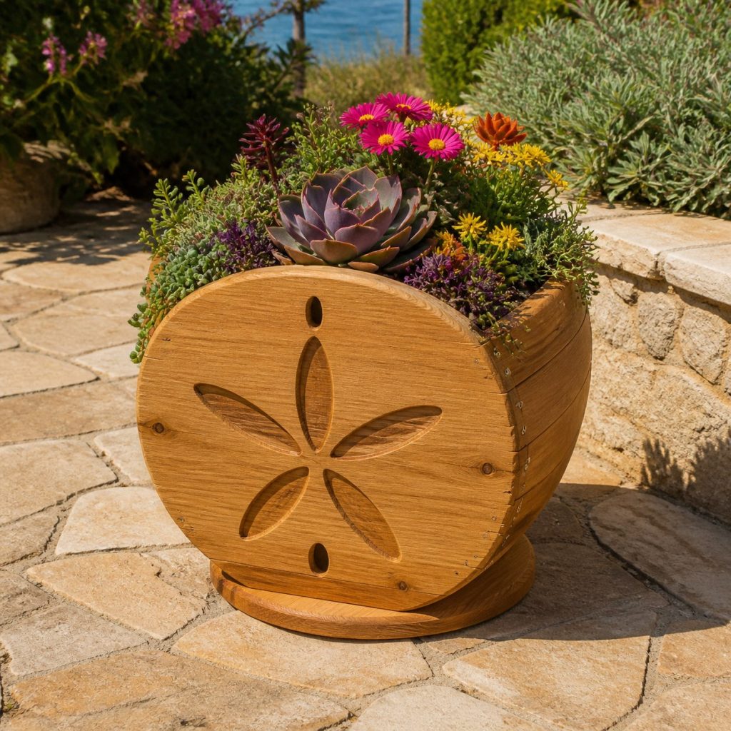 Compact Succulent Sand Dollar shown as a square photorealistic cedar sand dollar-shaped garden planter filled with flowers