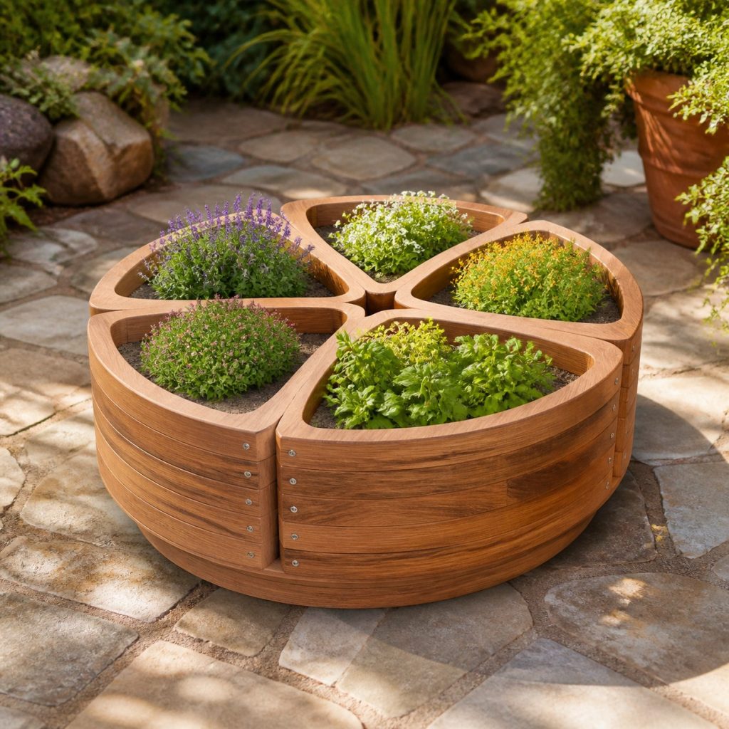 Five-Pocket Herb Planter shown as a square photorealistic cedar sand dollar-shaped garden planter filled with flowers