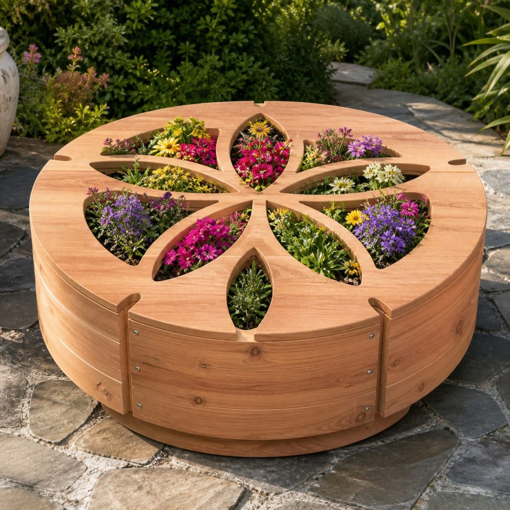 Sand Dollar with Galvanized Liner shown as a square photorealistic cedar sand dollar-shaped garden planter filled with flowers