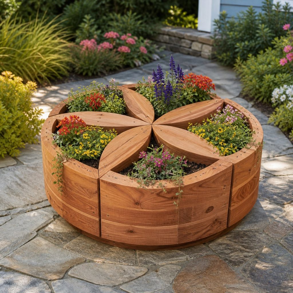Modern Geometric Sand Dollar shown as a square photorealistic cedar sand dollar-shaped garden planter filled with flowers