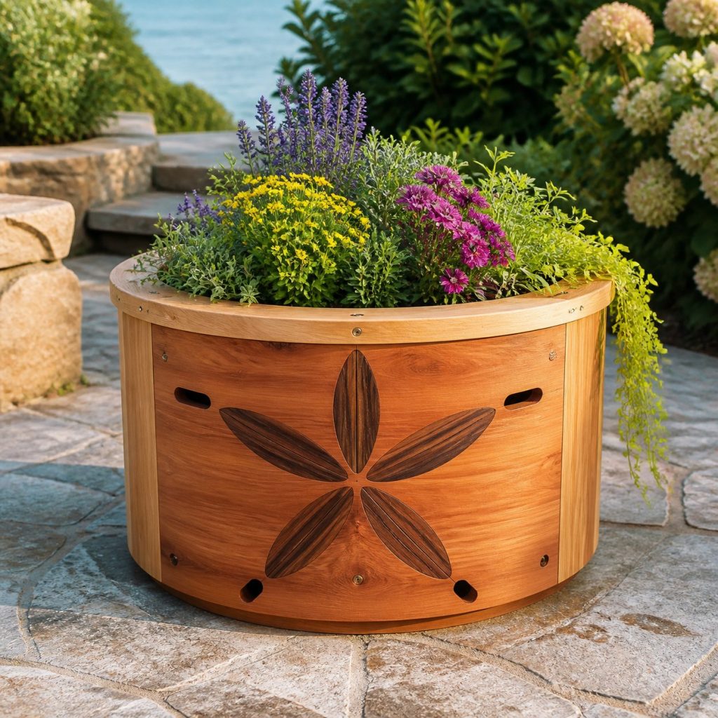 Two-Tone Cedar Sand Dollar shown as a square photorealistic cedar sand dollar-shaped garden planter filled with flowers