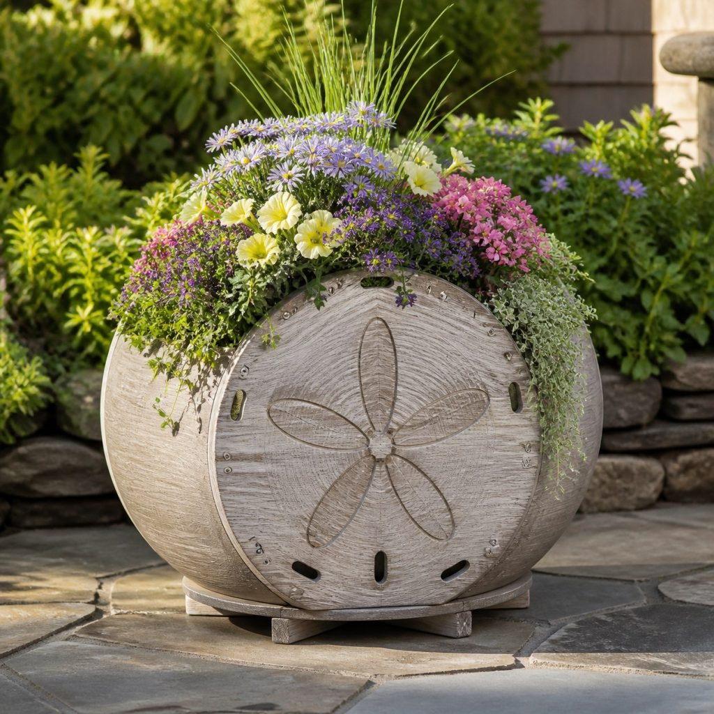 Weathered Cottage Sand Dollar shown as a square photorealistic cedar sand dollar-shaped garden planter filled with flowers