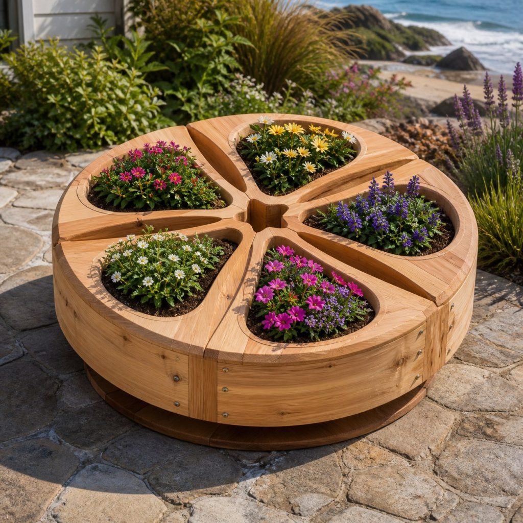 Five-Pot Sand Dollar Planter shown as a square photorealistic cedar sand dollar-shaped garden planter filled with flowers