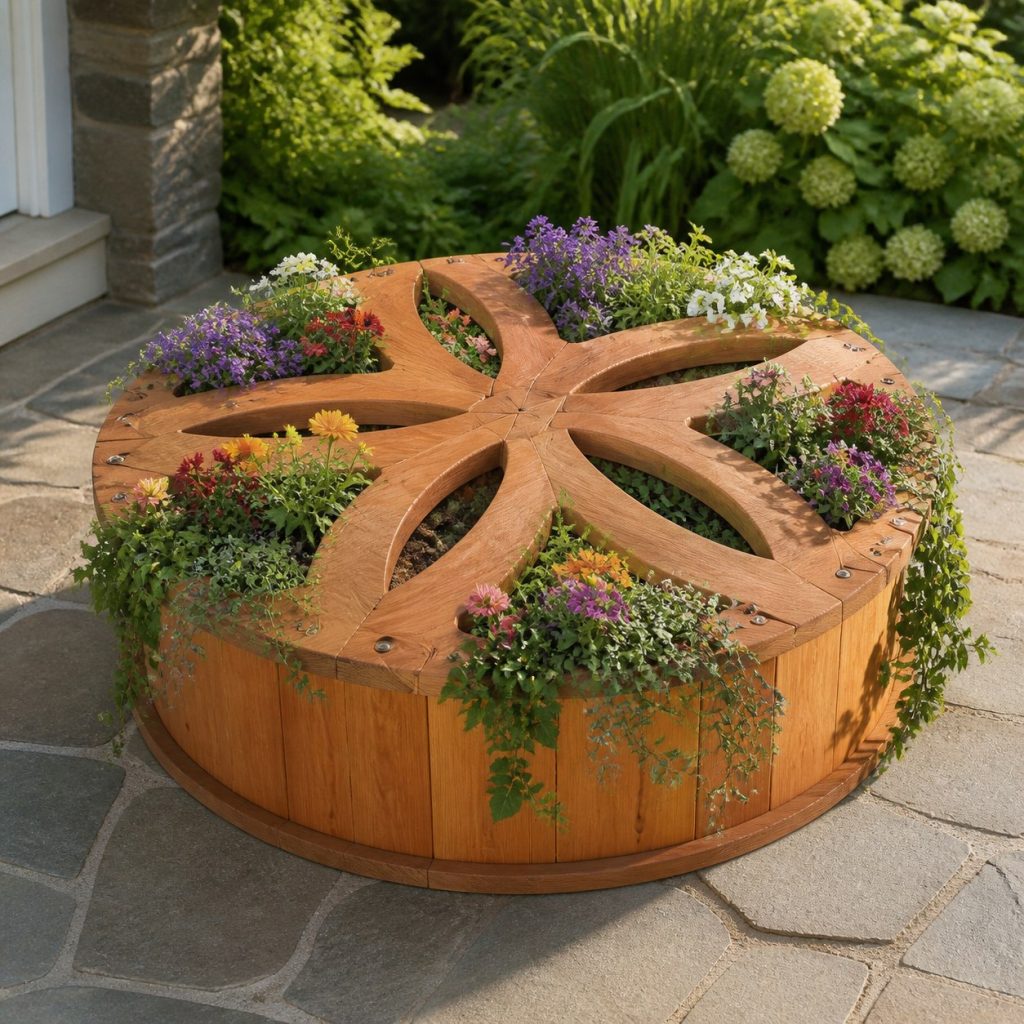 Trailing-Flower Sand Dollar shown as a square photorealistic cedar sand dollar-shaped garden planter filled with flowers