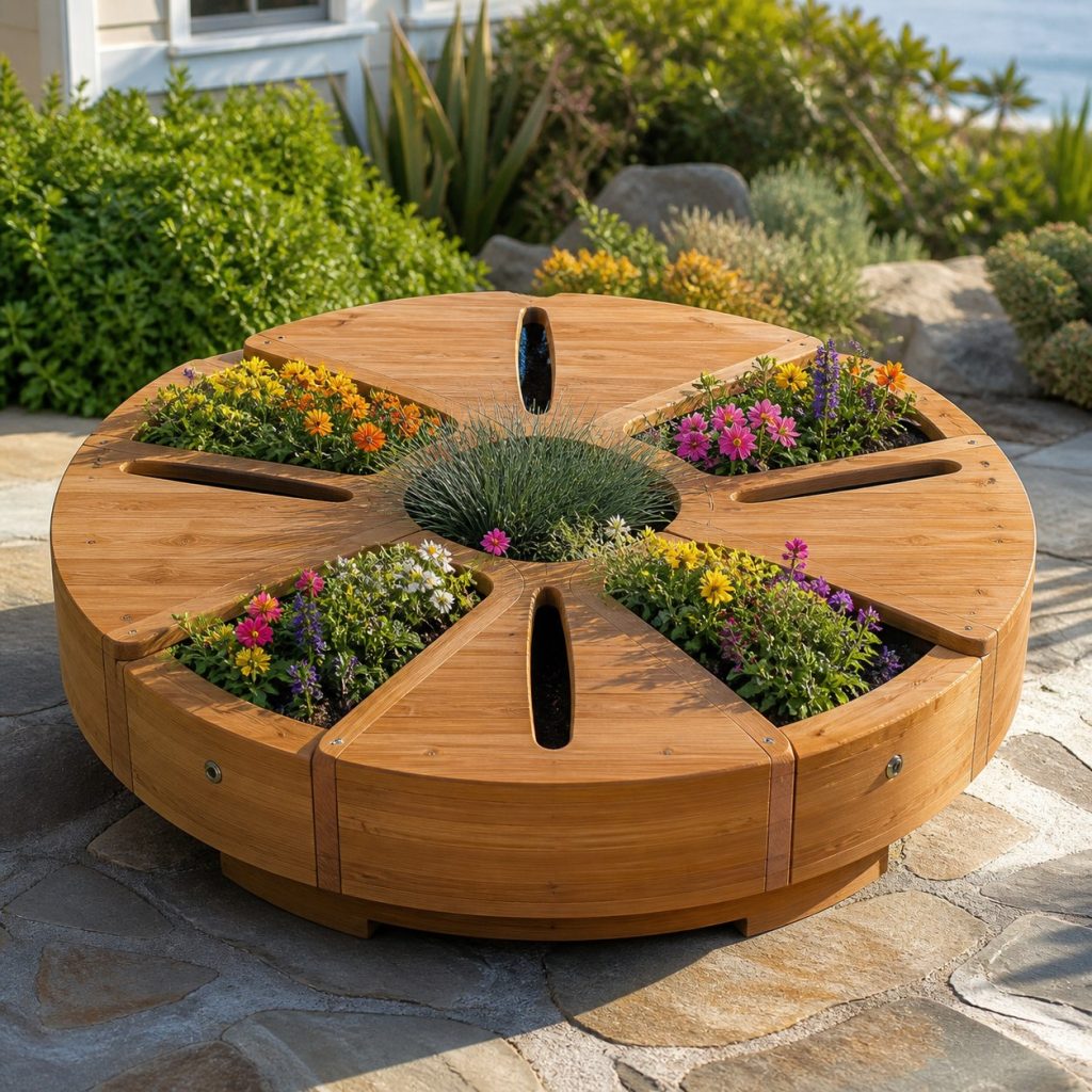 Large Grass-Filled Sand Dollar shown as a square photorealistic cedar sand dollar-shaped garden planter filled with flowers