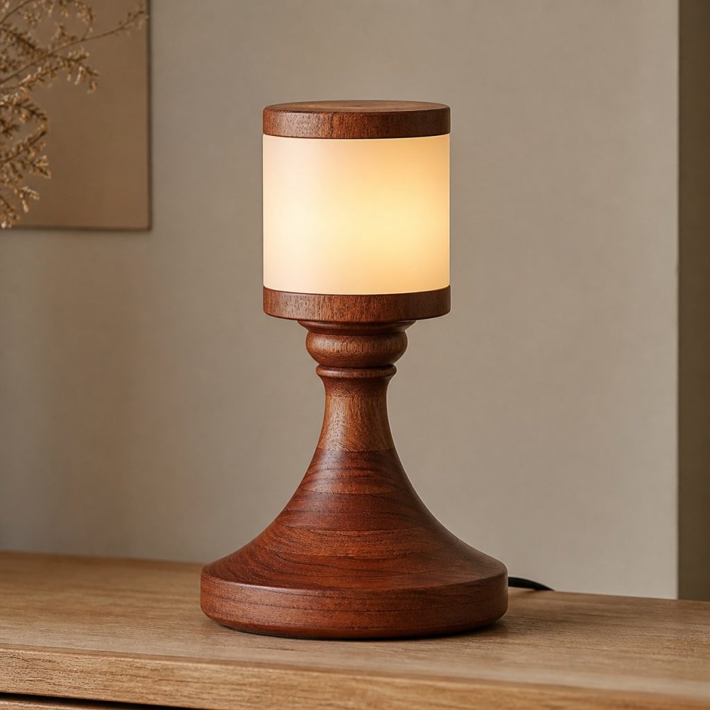 Sapele Turned Bedside Lamp shown as an original square photorealistic sapele wood lamp with authentic grain, warm diffused light, and a short dark power cord